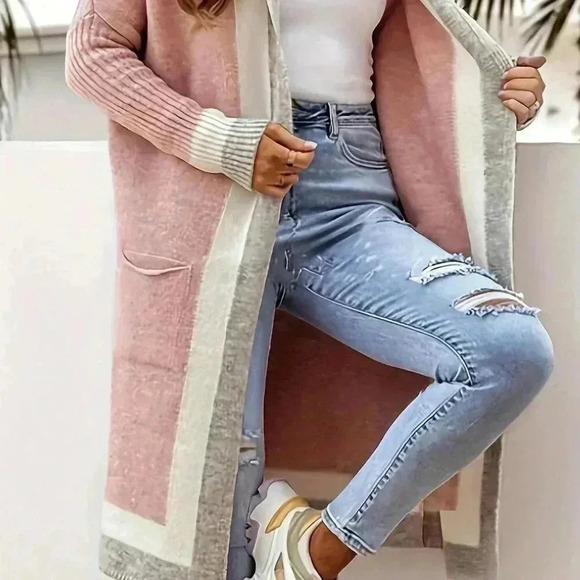 Pink Casual Women's Color Blocking Hooded Knit Cardigan - Picture 4 of 4